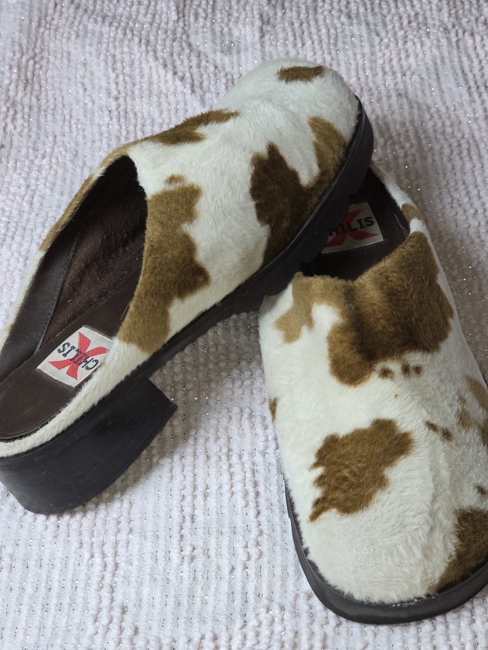 Cow-Print Faux Fur Slide Mules in Brown & White